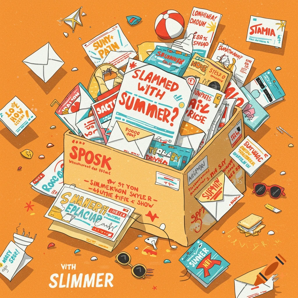 A cartoon illustration of a cardboard box overflowing with papers, envelopes, and summer items like a beach ball, sunglasses, and a lemon on an orange background.