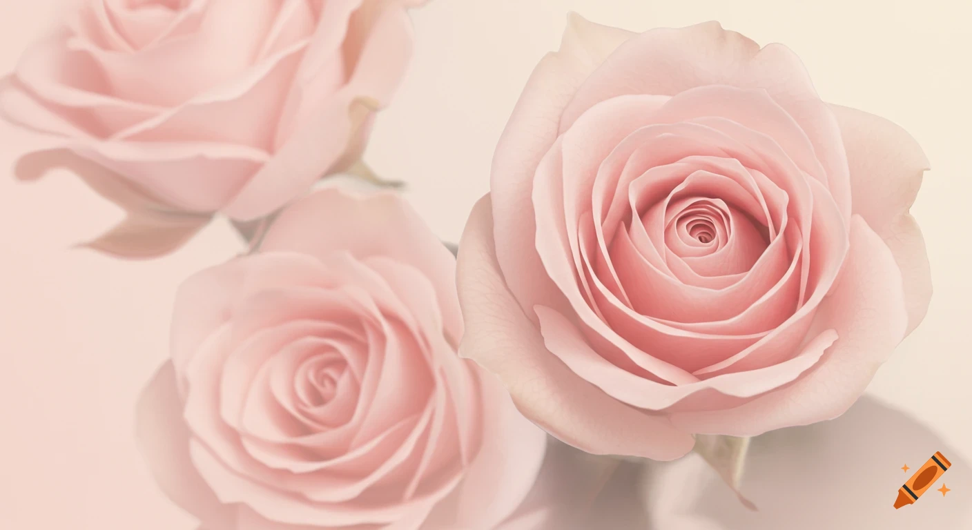 Three soft pink roses on a pastel background, with one prominent in the foreground.