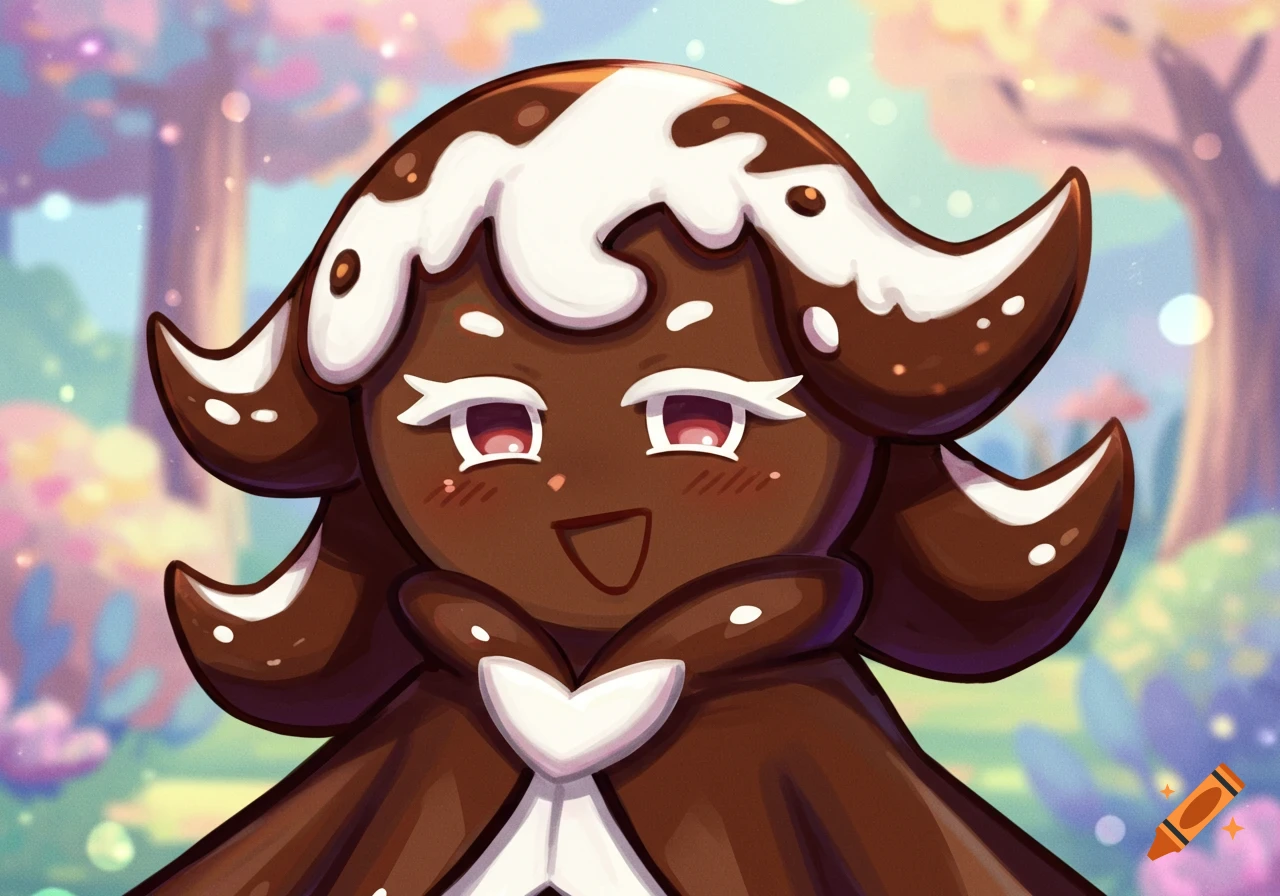 Smiling chocolate cookie character with white icing in a blurry forest background