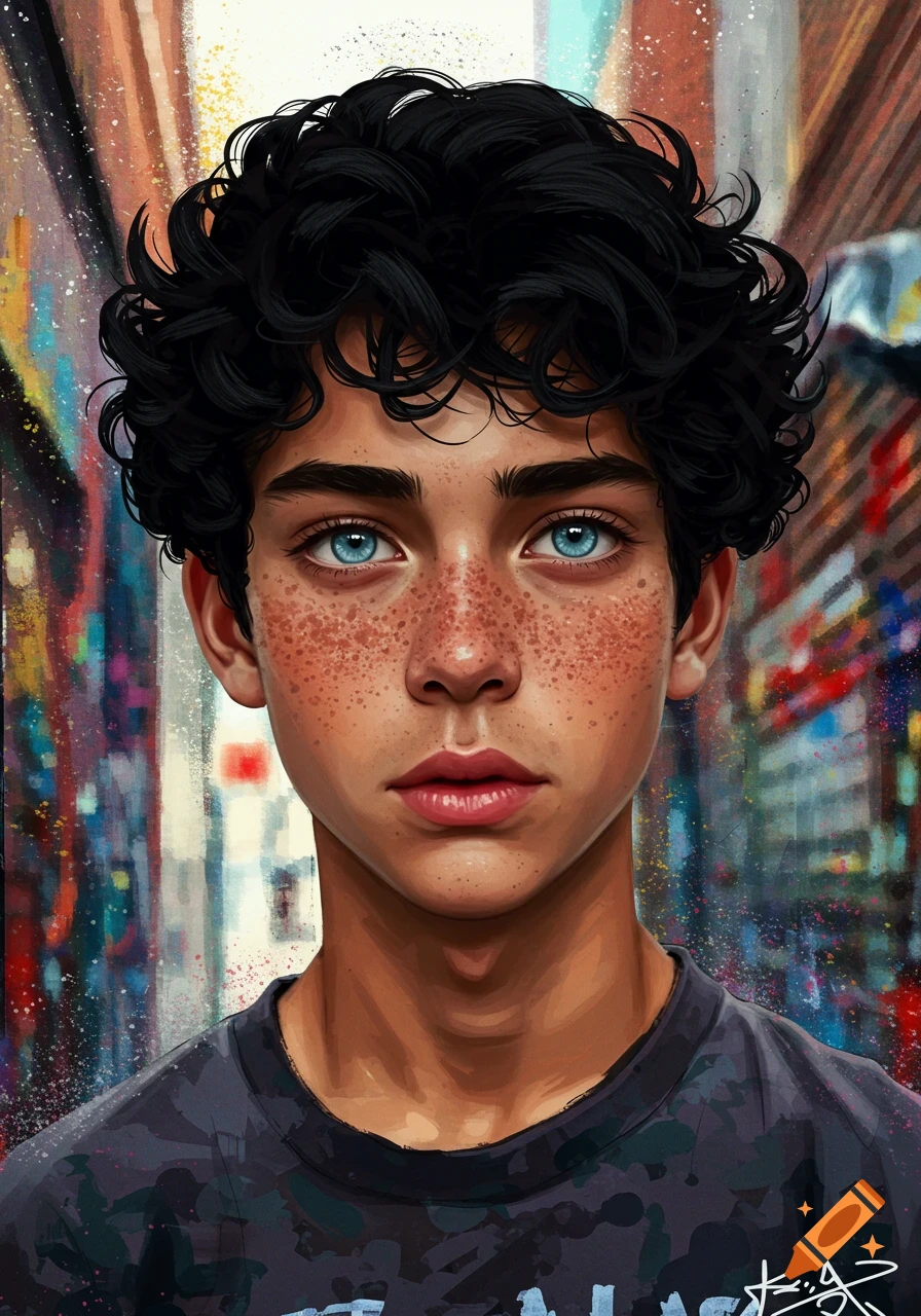 Artistic portrait of a young man with freckles, bright blue eyes, and black curly hair against a colorful, abstract background.