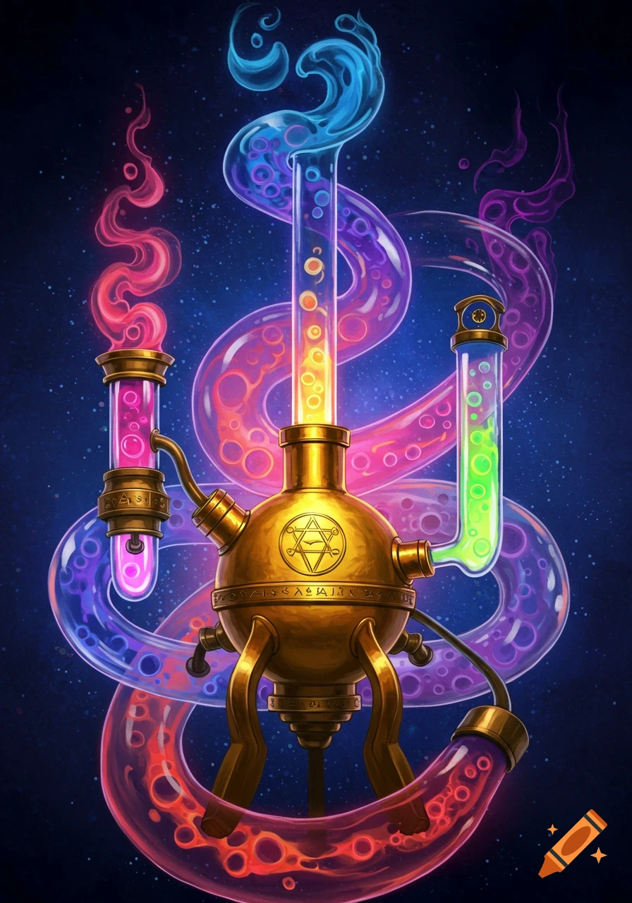 A detailed fantasy alchemy setup with glowing colorful liquids in glass tubes connected to a golden alembic.