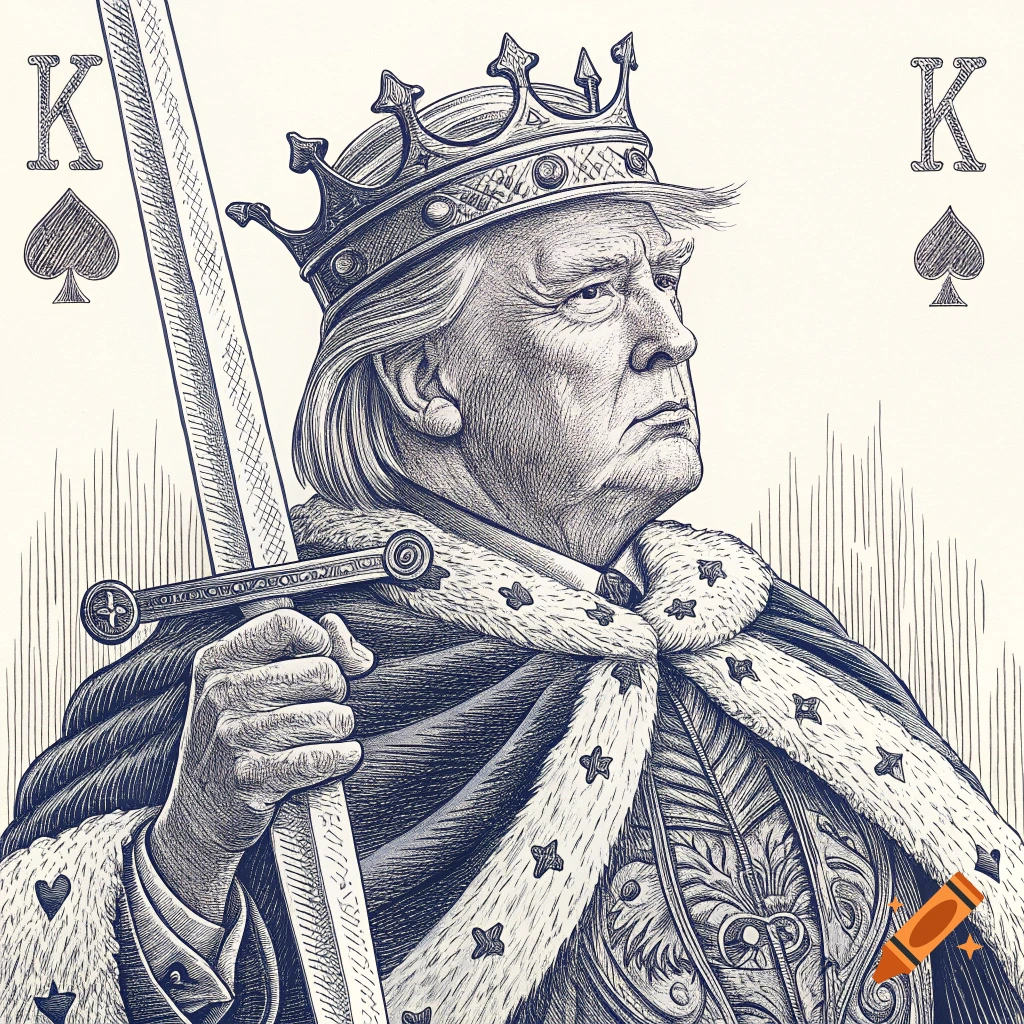 Engraved illustration of Donald Trump as the King of Spades holding a sword.