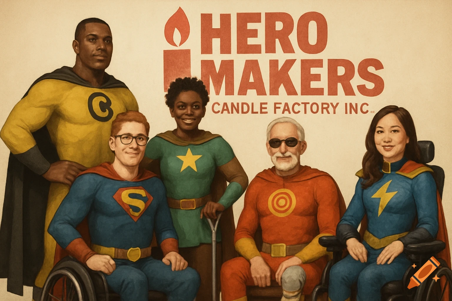 A diverse group in superhero costumes, some in wheelchairs, standing before a sign for Hero Makers Candle Factory Inc. Illustration.