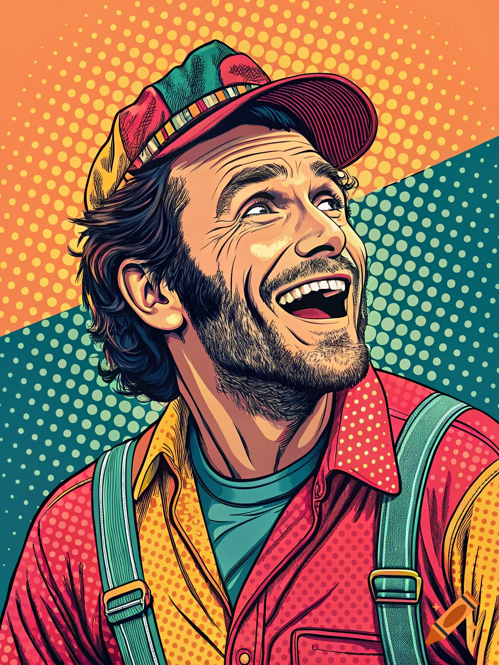 Pop art portrait of a man with a hat laughing