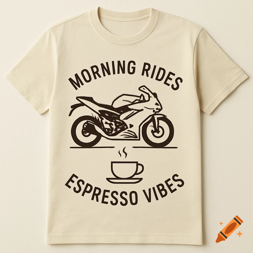 Cream t-shirt with black minimalist graphic of motorcycle and coffee cup and text 'Morning Rides, Espresso Vibes'.