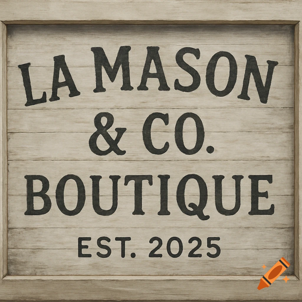 A rustic wooden sign with the text LA Mason & CO. Boutique EST. 2025 ...