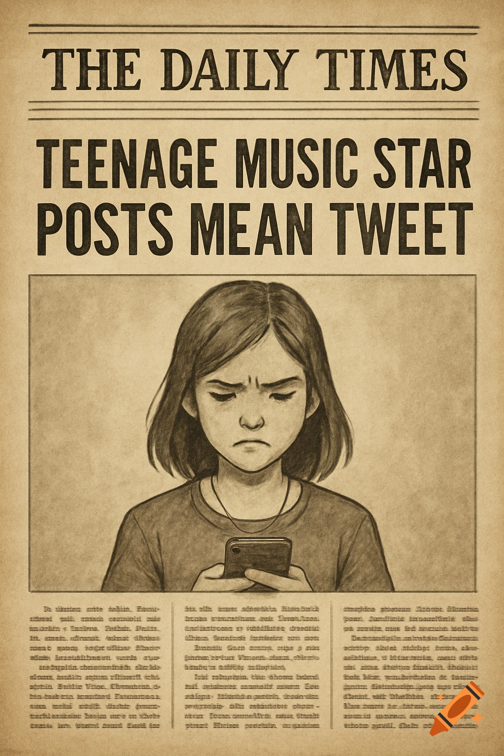 Illustration of a sad teenager looking at a phone, featured on an old newspaper page with the headline 'Teenage Music Star Posts Mean Tweet'.