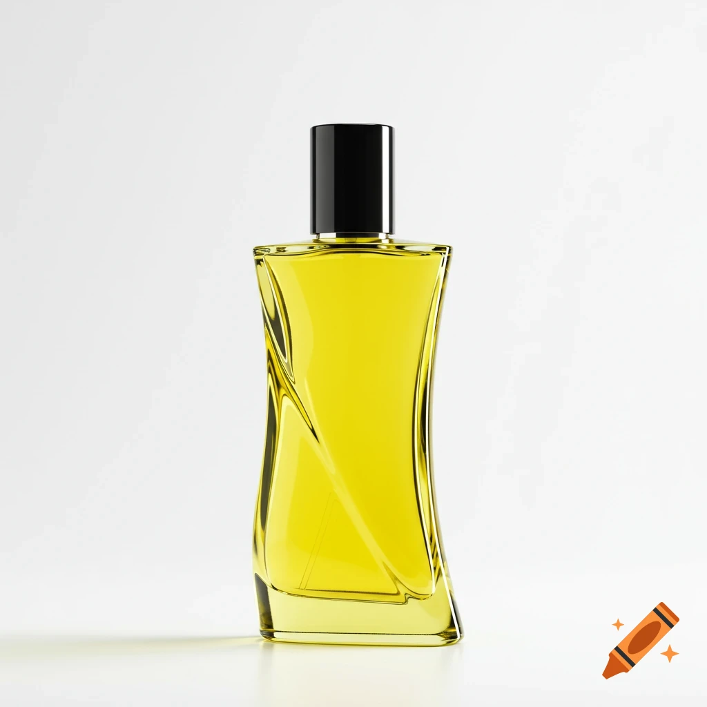 A yellow glass perfume bottle with a black cap on a white background.