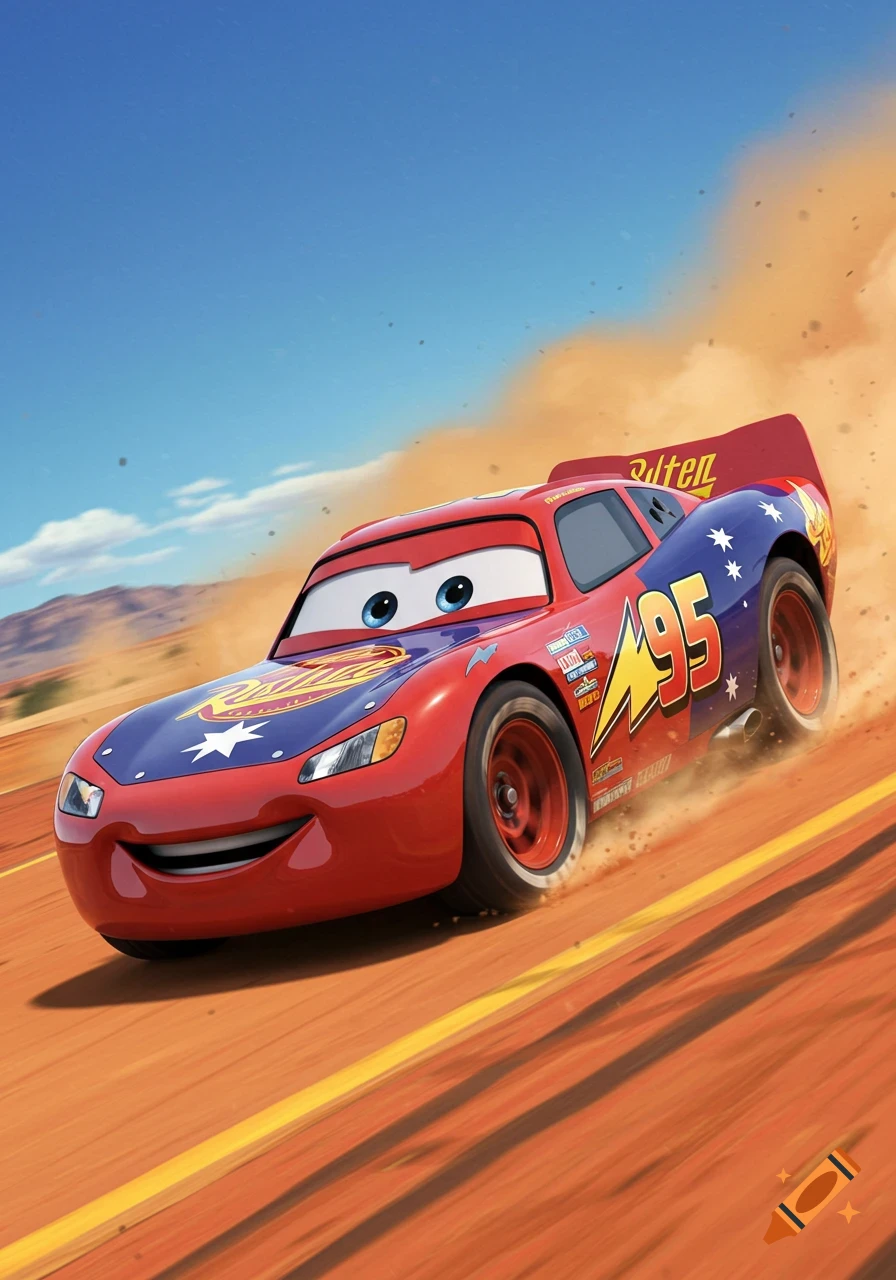 Lightning McQueen car with Australian flag design driving on a dirt track