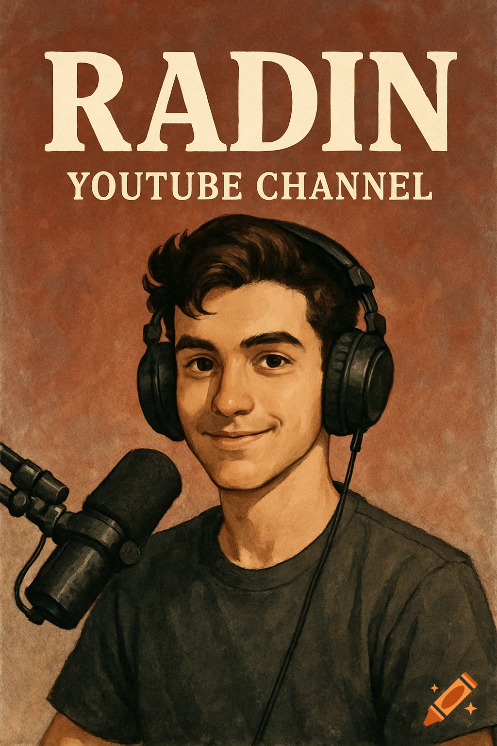 An illustration of a smiling young man wearing headphones and sitting in front of a microphone. Text reads "RADIN YOUTUBE CHANNEL".