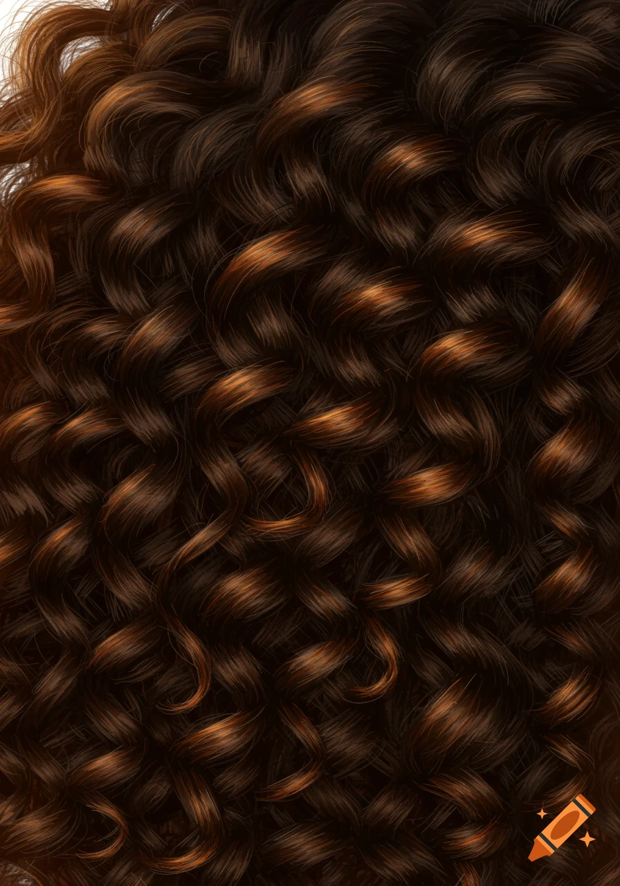 A close-up shot of curly dark brown hair with reddish-brown highlights.