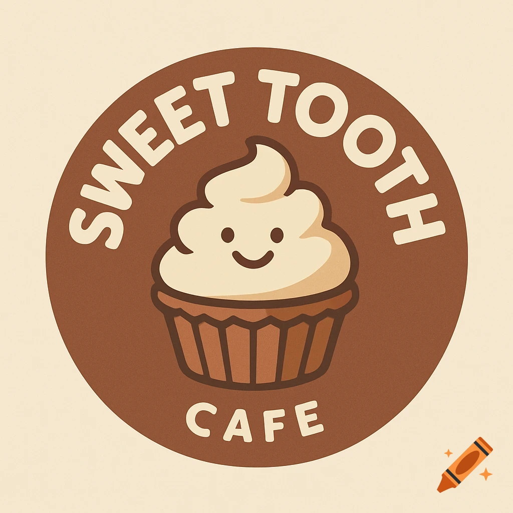 Cartoon logo for Sweet Tooth Cafe featuring a smiling cupcake.