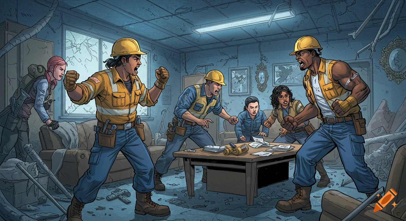 Group of workers arguing in a damaged room, comic art style.