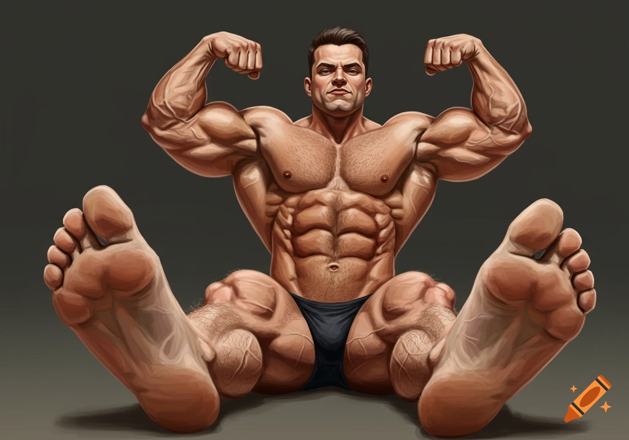 Muscular man flexing, showing large feet
