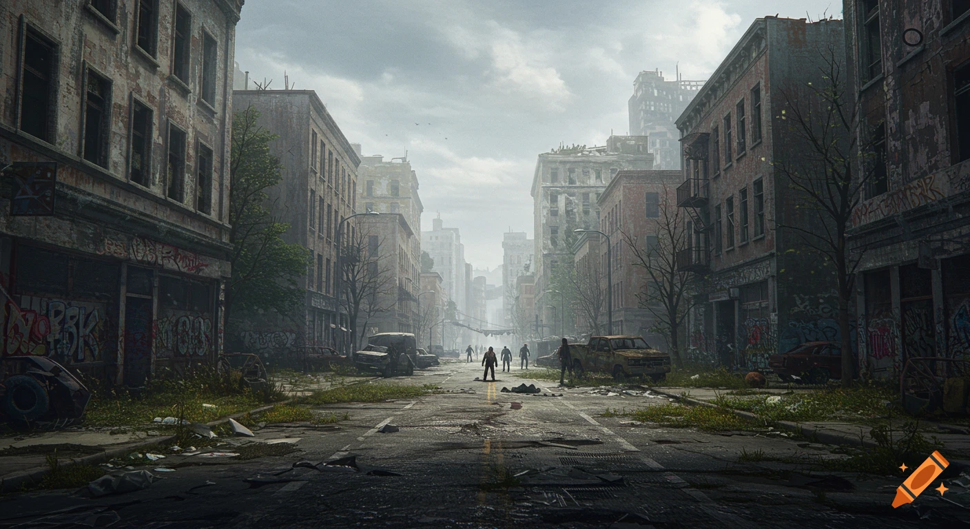 A ruined city street scene showing destroyed buildings covered in graffiti, abandoned cars, debris, and figures walking in the distance.