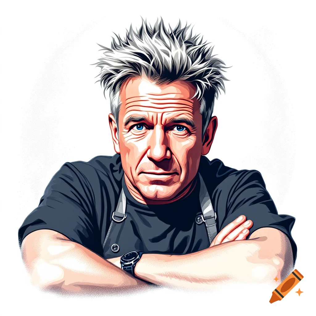 Stylized illustration of a man resembling Gordon Ramsay, wearing an apron with arms crossed.