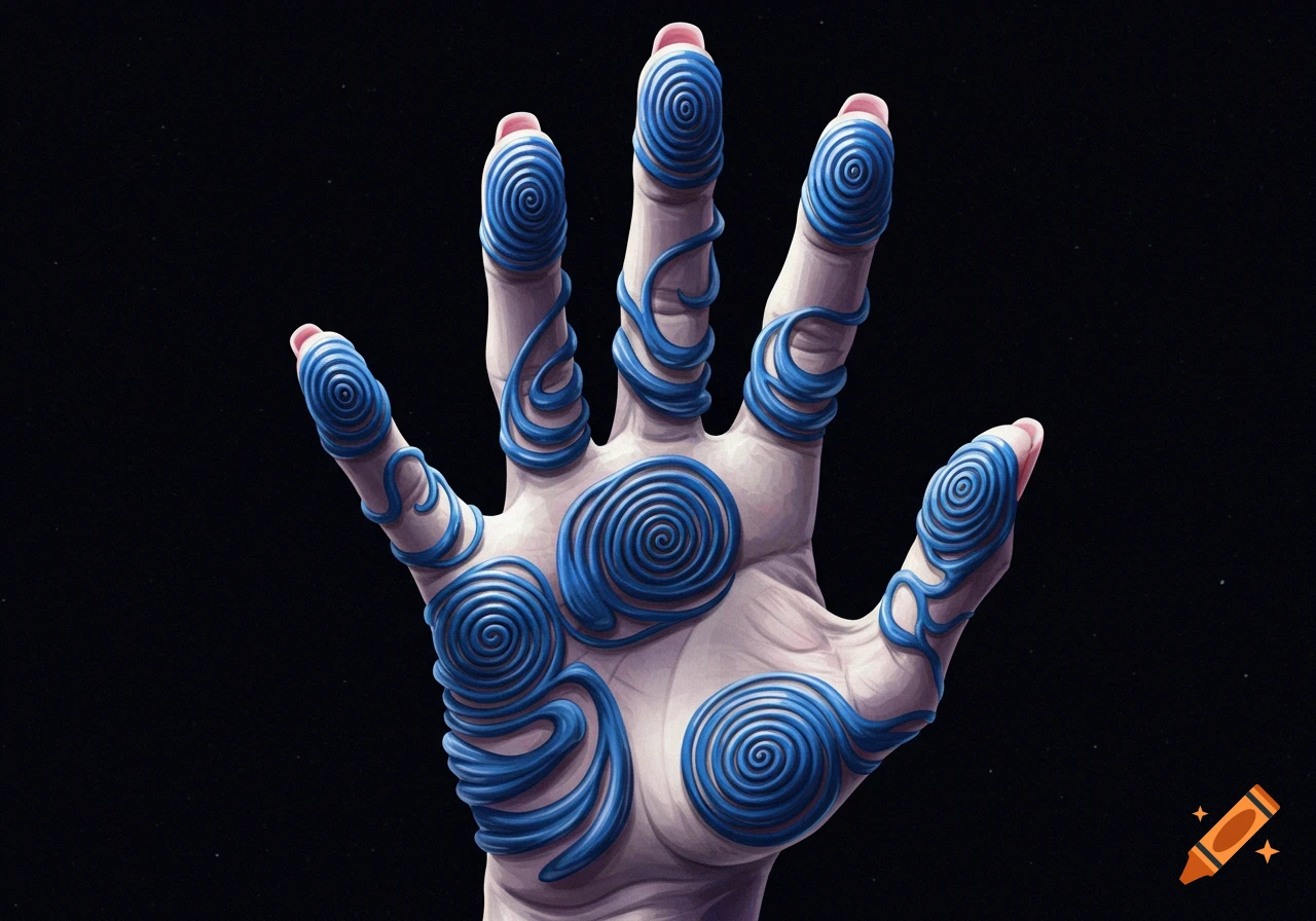A hand covered in intricate blue spiral patterns.