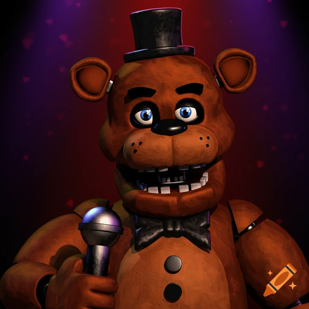Freddy Fazbear the bear animatronic holds a microphone, against a purple background with hearts.
