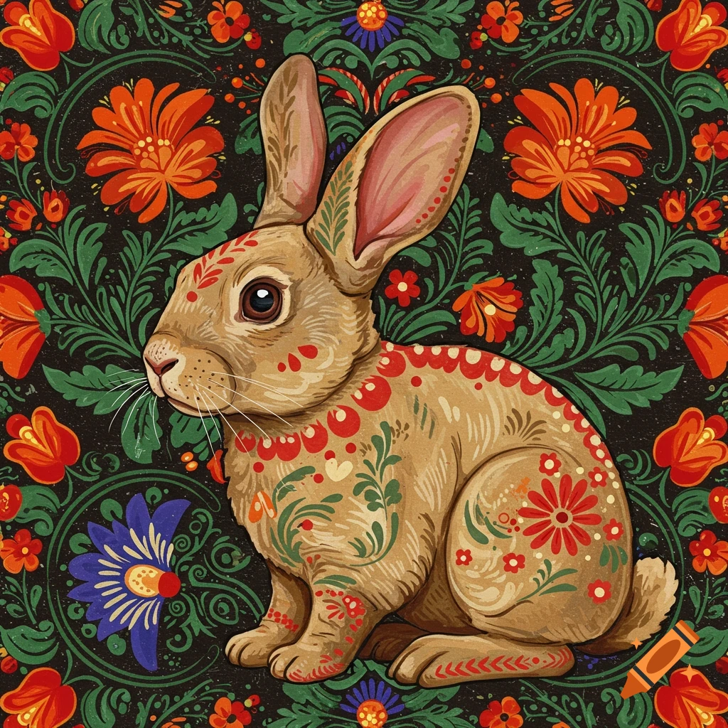 Polish folk art style illustration of a rabbit decorated with floral patterns against a dark background