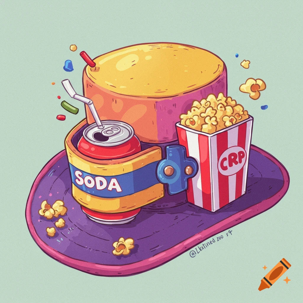 Cartoon illustration of a top hat holding a soda can and a box of popcorn.
