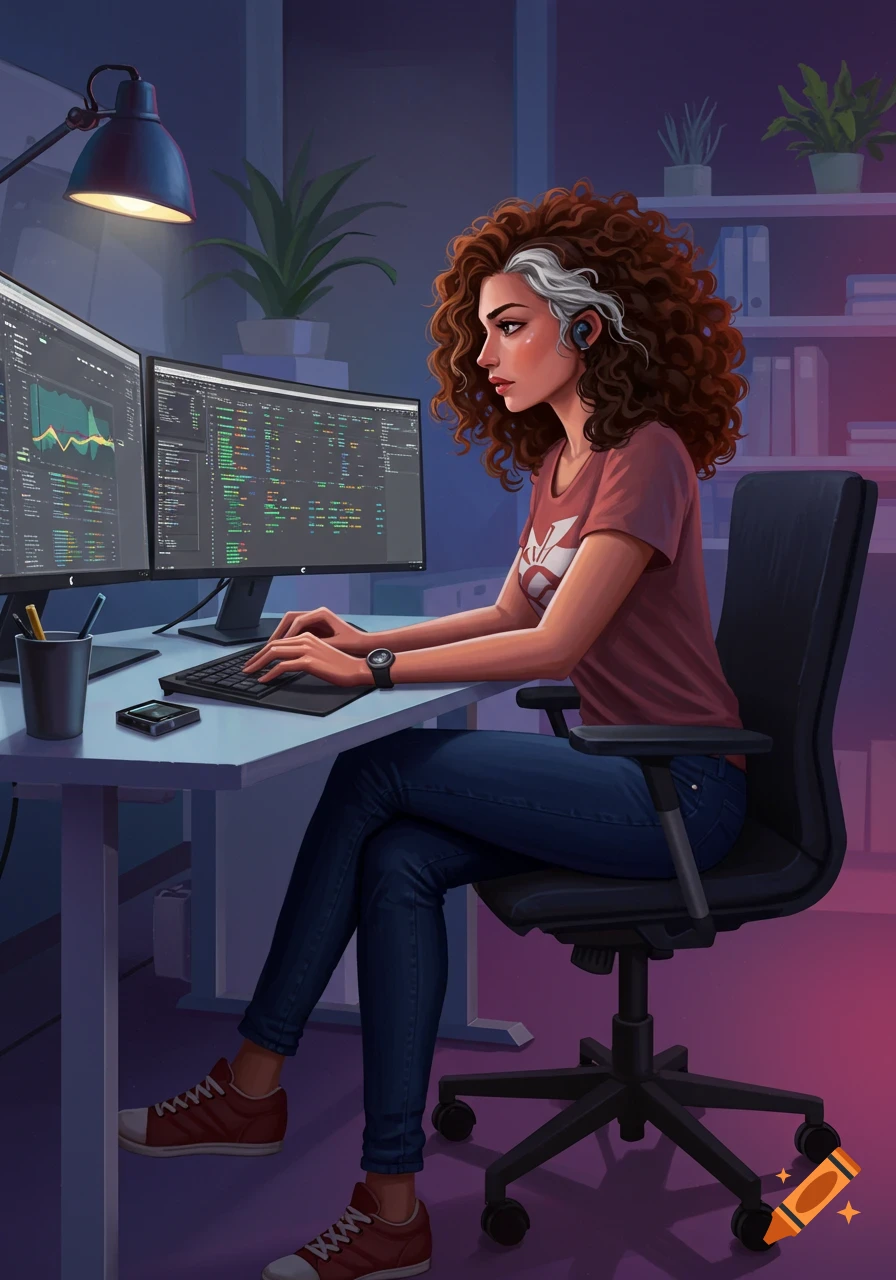 Illustration of a woman software developer with curly hair working at a computer in an office.