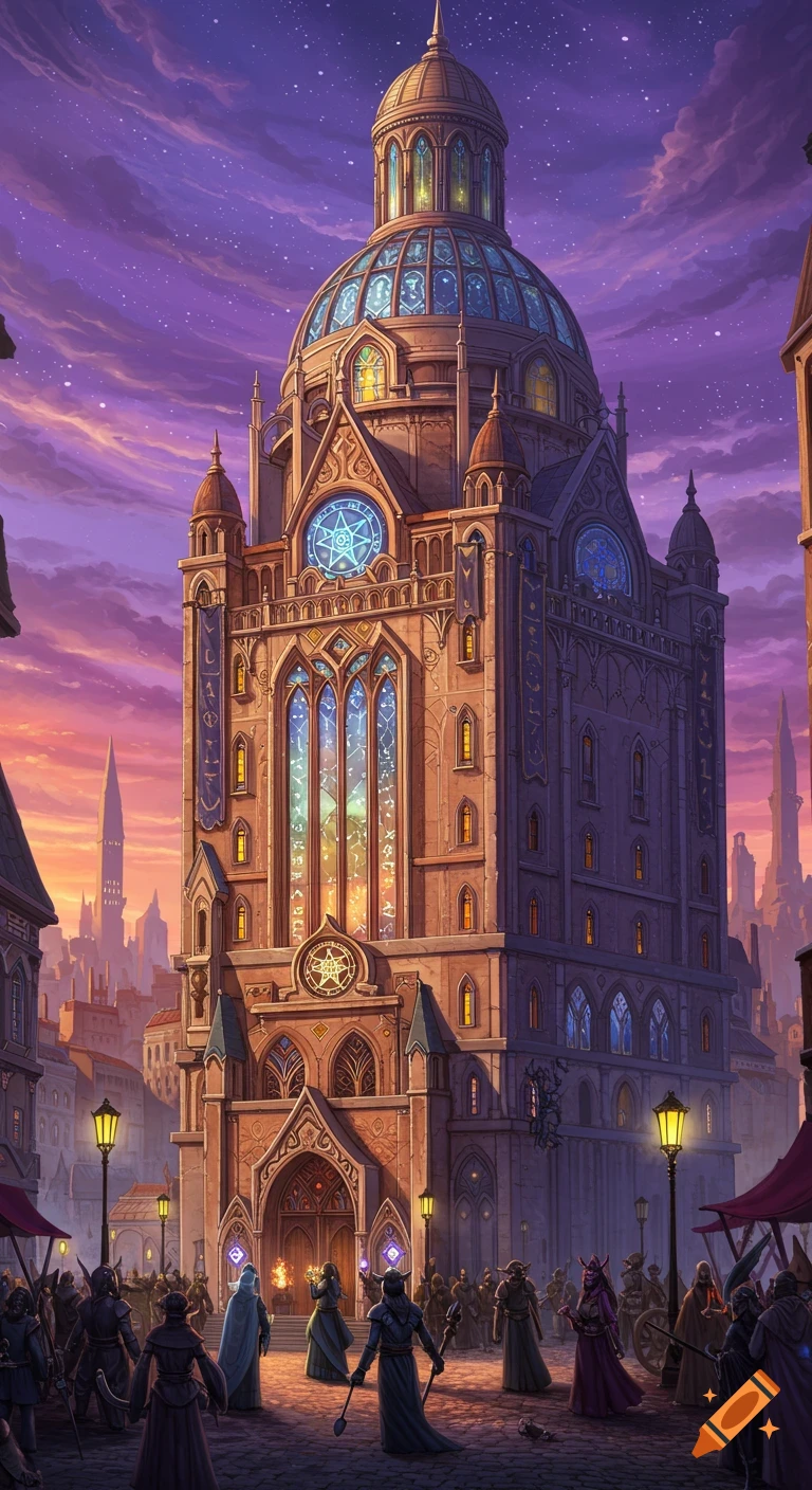 An epic fantasy illustration of a grand, domed cathedral-like building at sunset, with glowing windows and people gathered in a square.