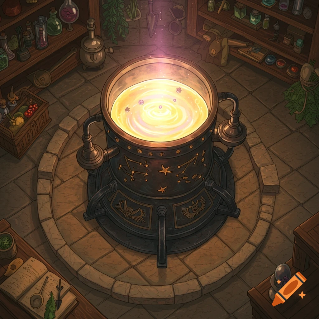 A top-down view of a glowing, bubbling cauldron in a fantasy alchemy lab filled with potions, books, and herbs.