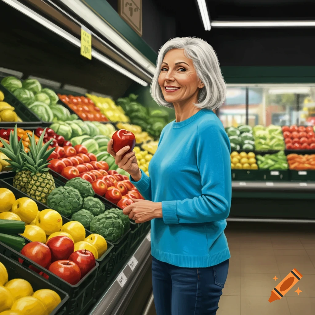 Older woman smiling while holding an apple in a grocery store produce aisle.