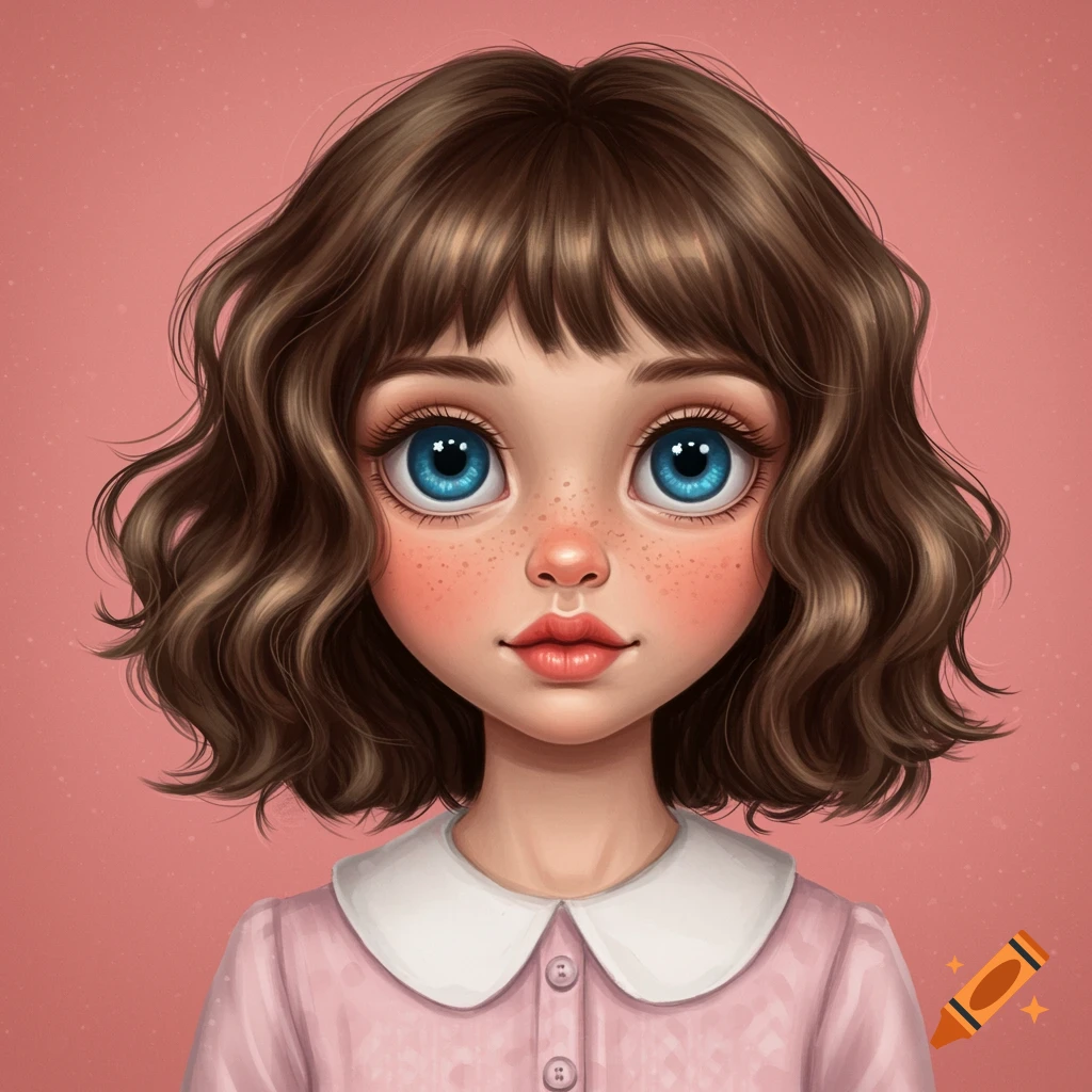 Stylized illustration of a young girl with big blue eyes and freckles.