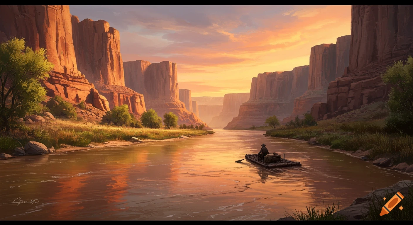 Person on a raft floating down a river in a canyon at sunset