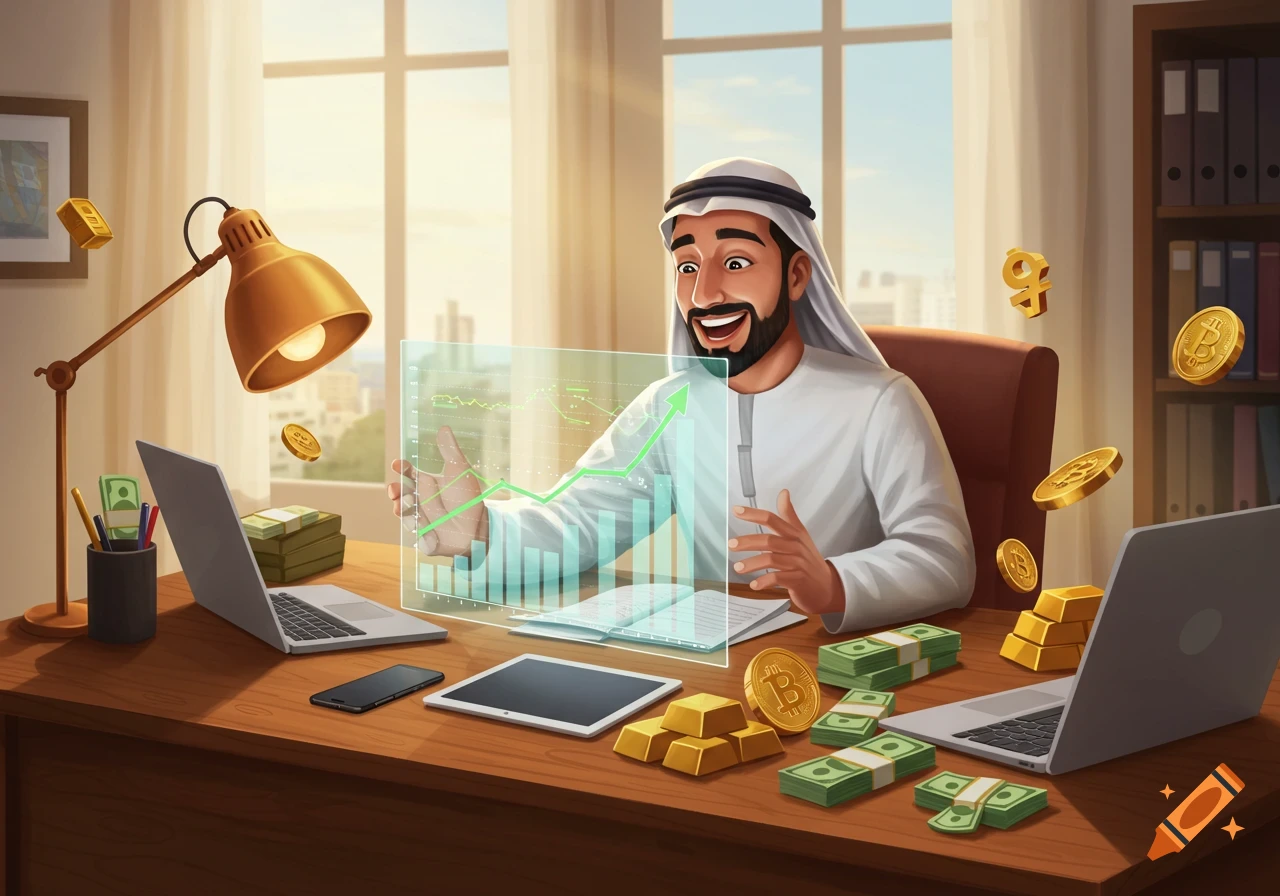 Illustration of a happy man looking at a financial chart with money, gold bars, and laptops on a desk.