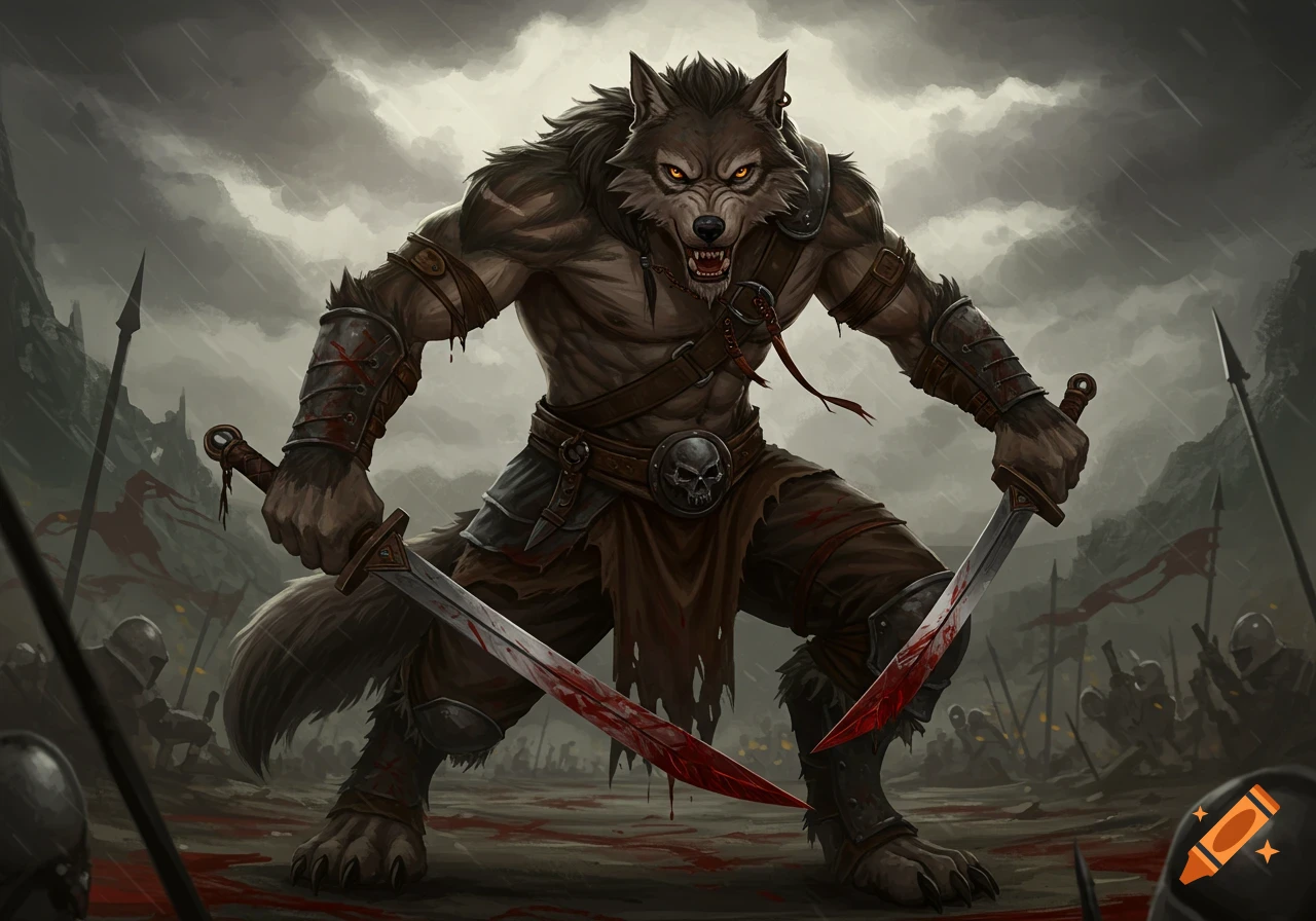 Werewolf warrior holds bloodied swords ready for battle on a stormy field
