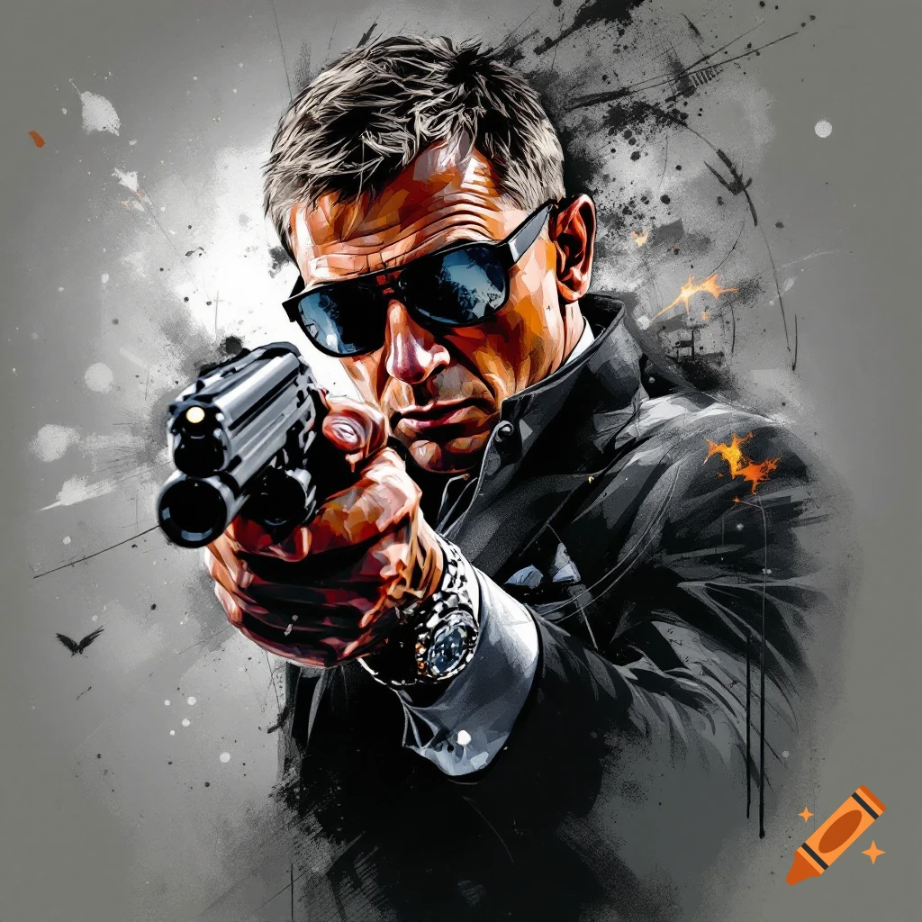 Stylized illustration of a man in a suit and sunglasses pointing a gun forward, in a grunge art style.