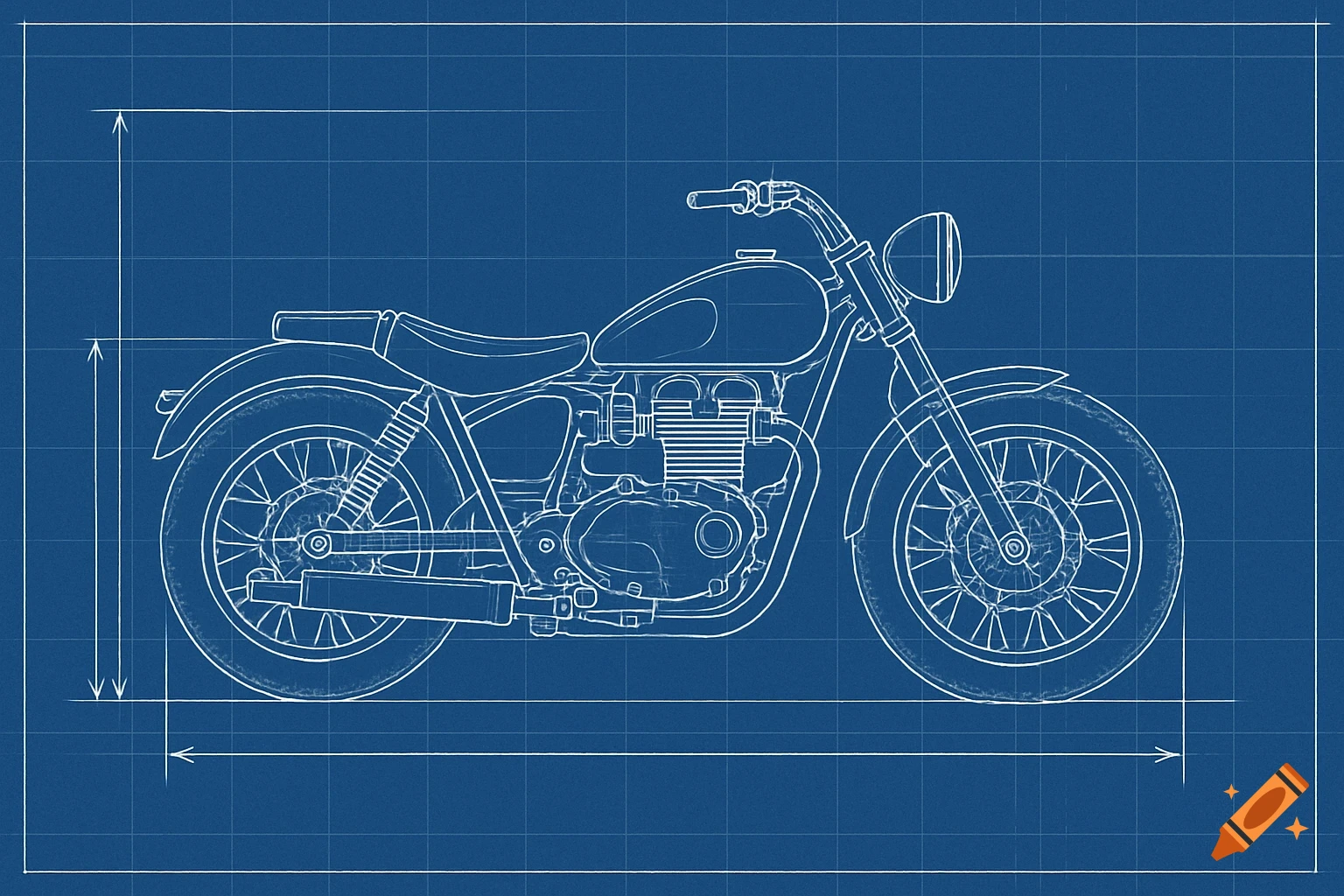Blueprint drawing of a motorcycle on a blue background with grid and dimension lines.