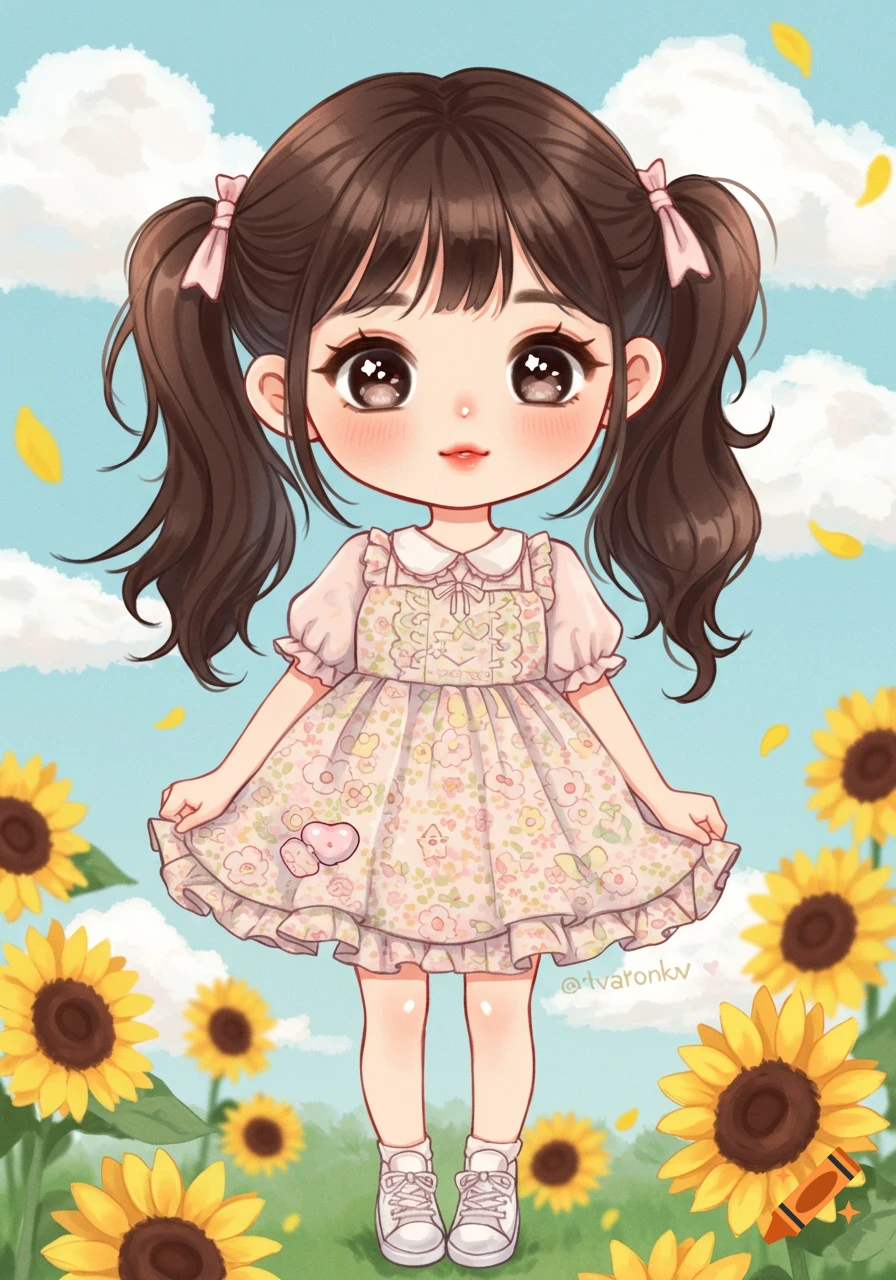Cute anime girl in floral dress standing in a sunflower field under a cloudy sky, illustration.