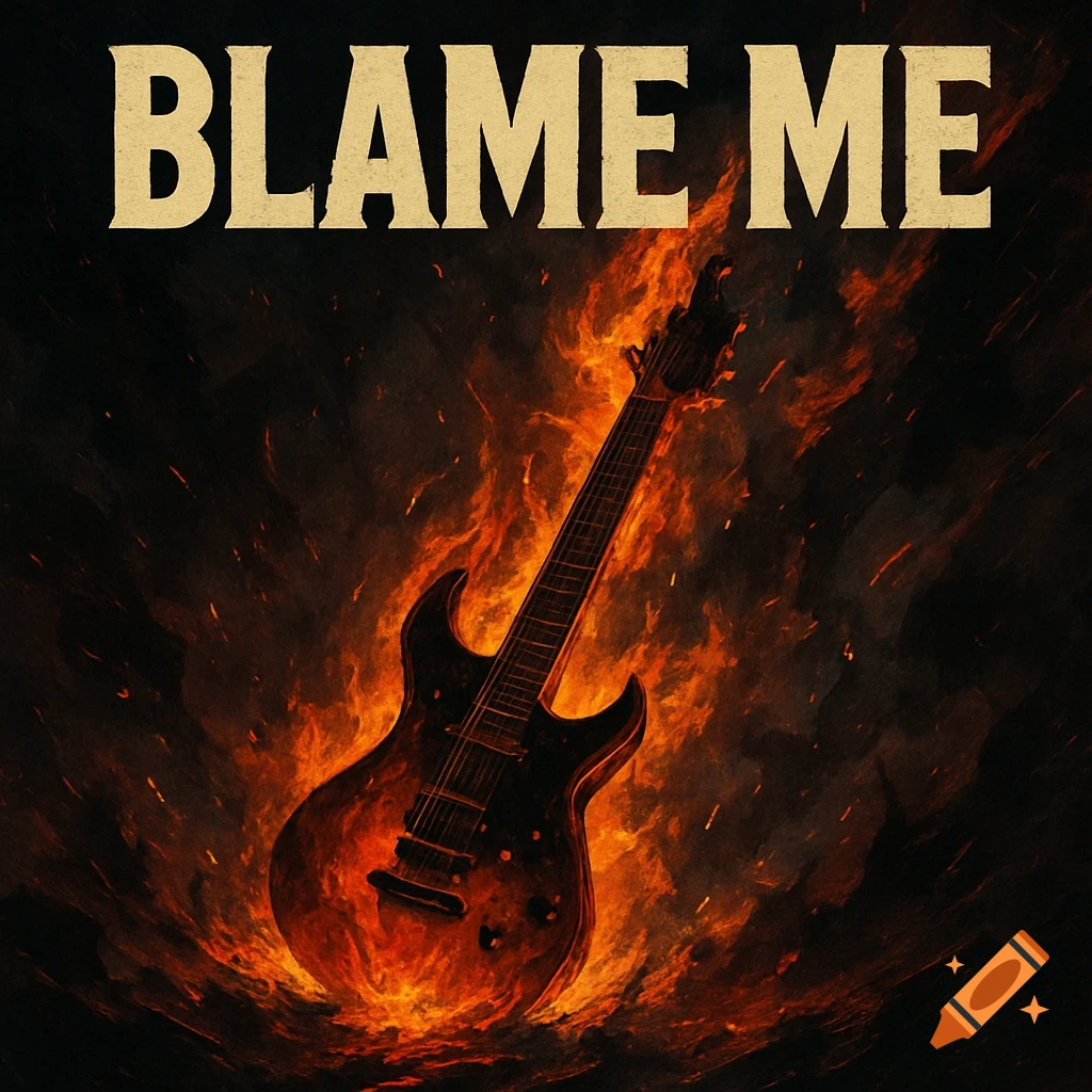 Album cover with a guitar engulfed in flames, text reads 'BLAME ME'