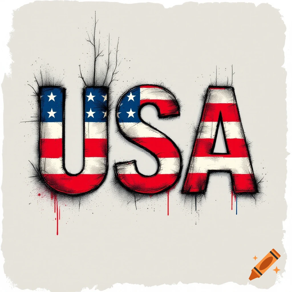 Letters USA filled with American flag design, with blonde hair over the U in a distressed style