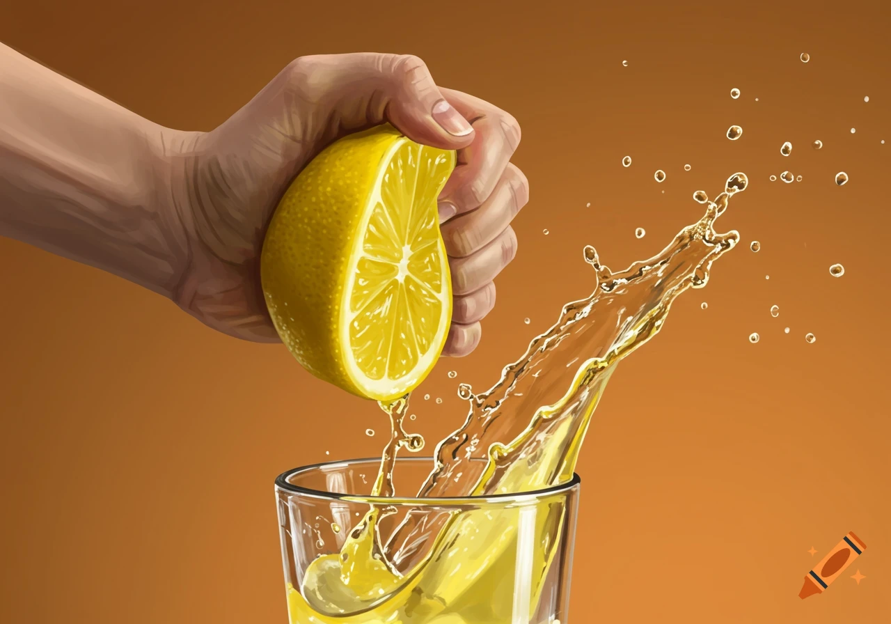 A hand squeezes a lemon over a glass, causing a splash of juice. Stylized illustration.
