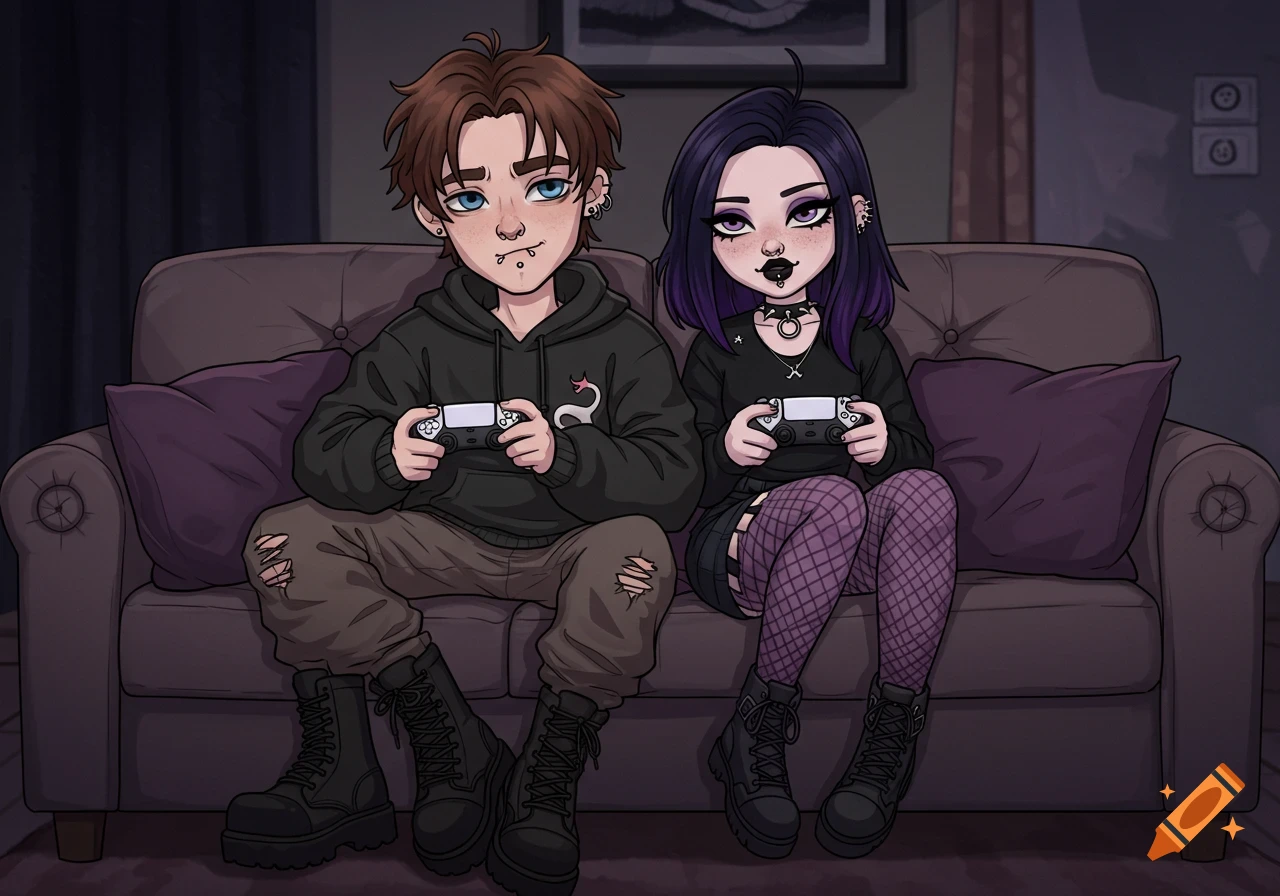 A cartoon goth couple plays video games on a sofa.