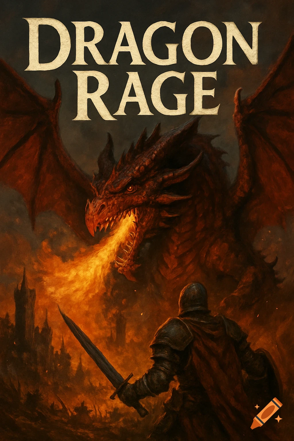 Fantasy cover art of a red dragon breathing fire at a knight with a sword below the title DRAGON RAGE.