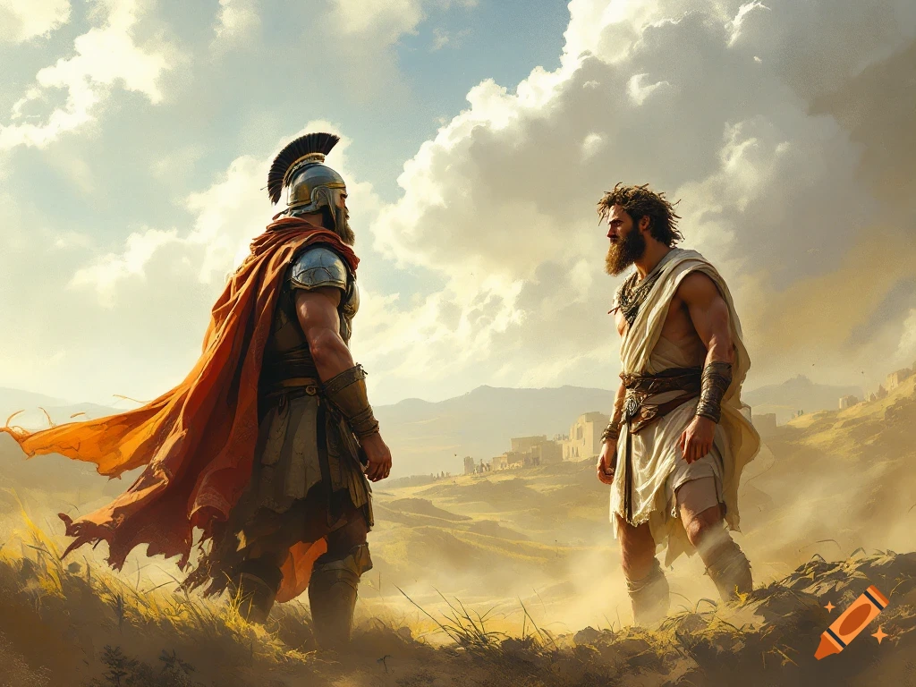 Two figures, one in armor and cape, one in robes, face each other in a dusty, epic landscape under a dramatic sky.