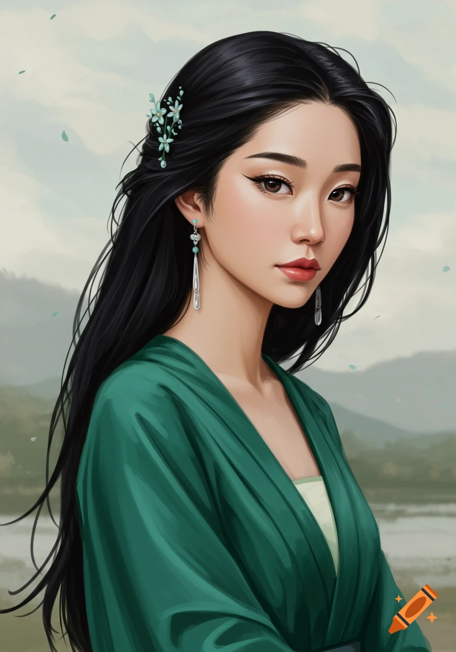 A portrait of a young woman with long black hair, wearing a green traditional dress, with flowers in her hair and long earrings, against a misty landscape.