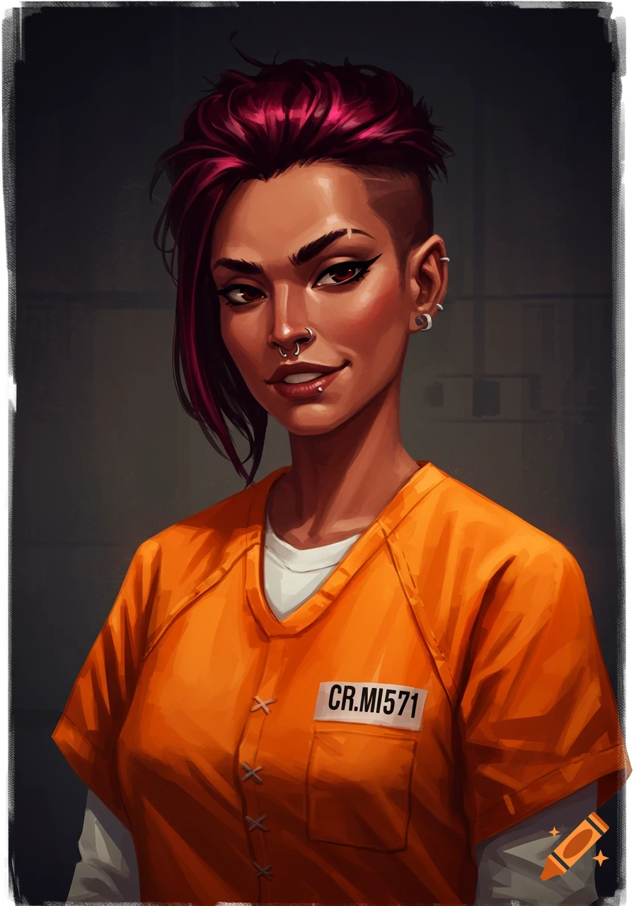 Portrait illustration of a woman with red hair and piercings in an orange prison jumpsuit.