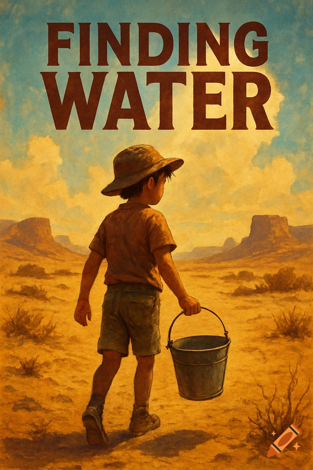 Illustration of a boy carrying a bucket in a desert landscape with rock formations, titled FINDING WATER like a movie poster.
