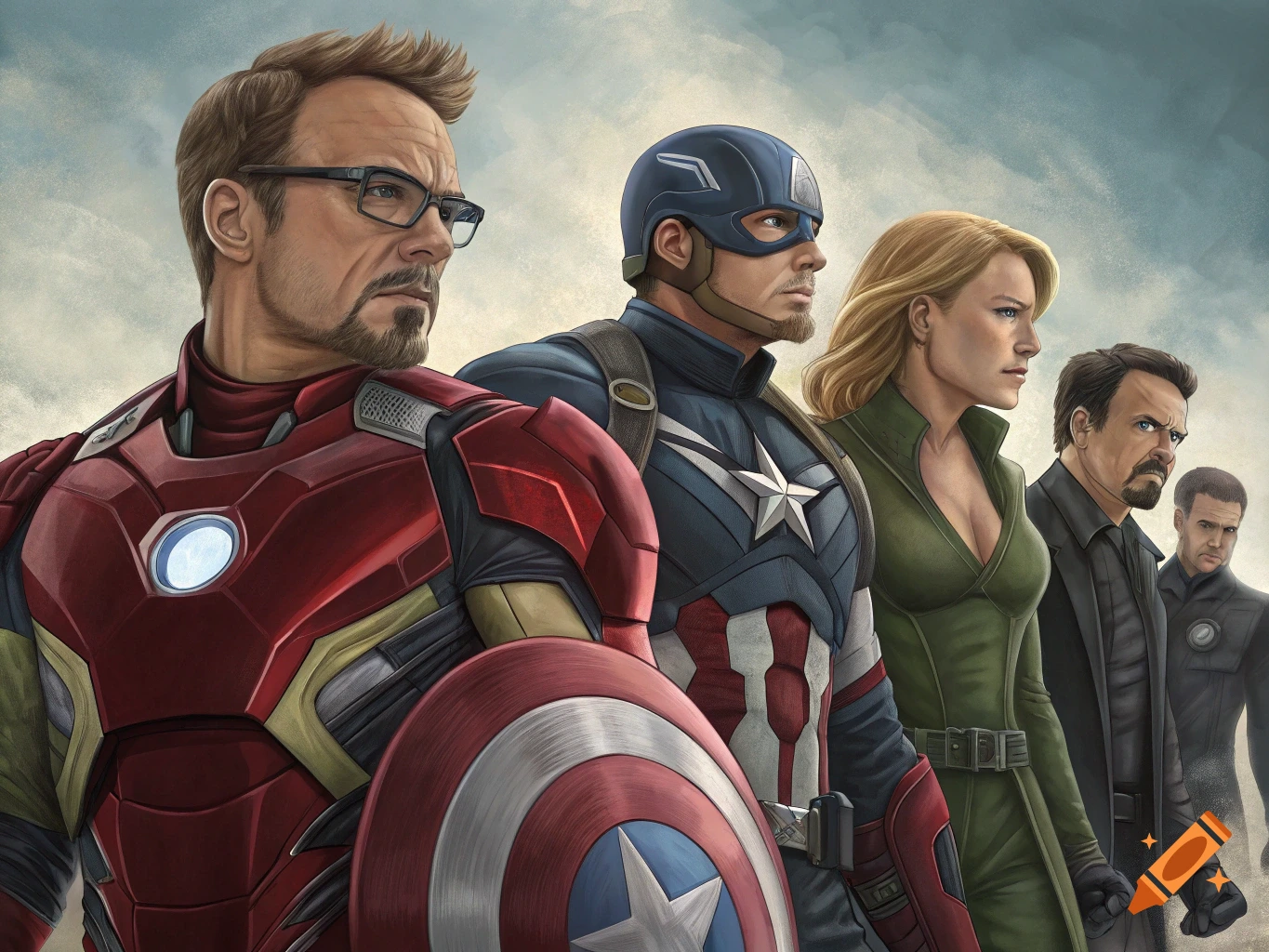 Characters resembling Breaking Bad actors dressed as superheroes stand in a line, looking determined.