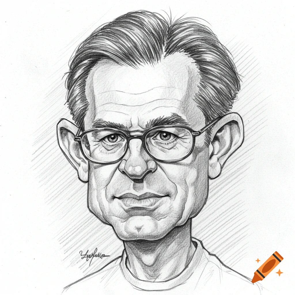 Pencil sketch caricature of a man wearing glasses.