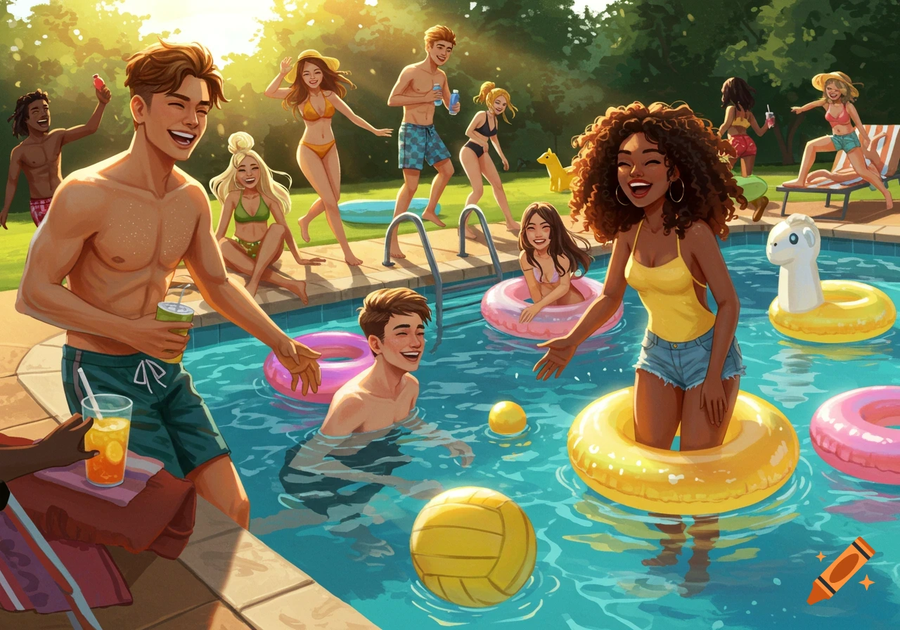 Happy young people at a sunny pool party in an illustration.