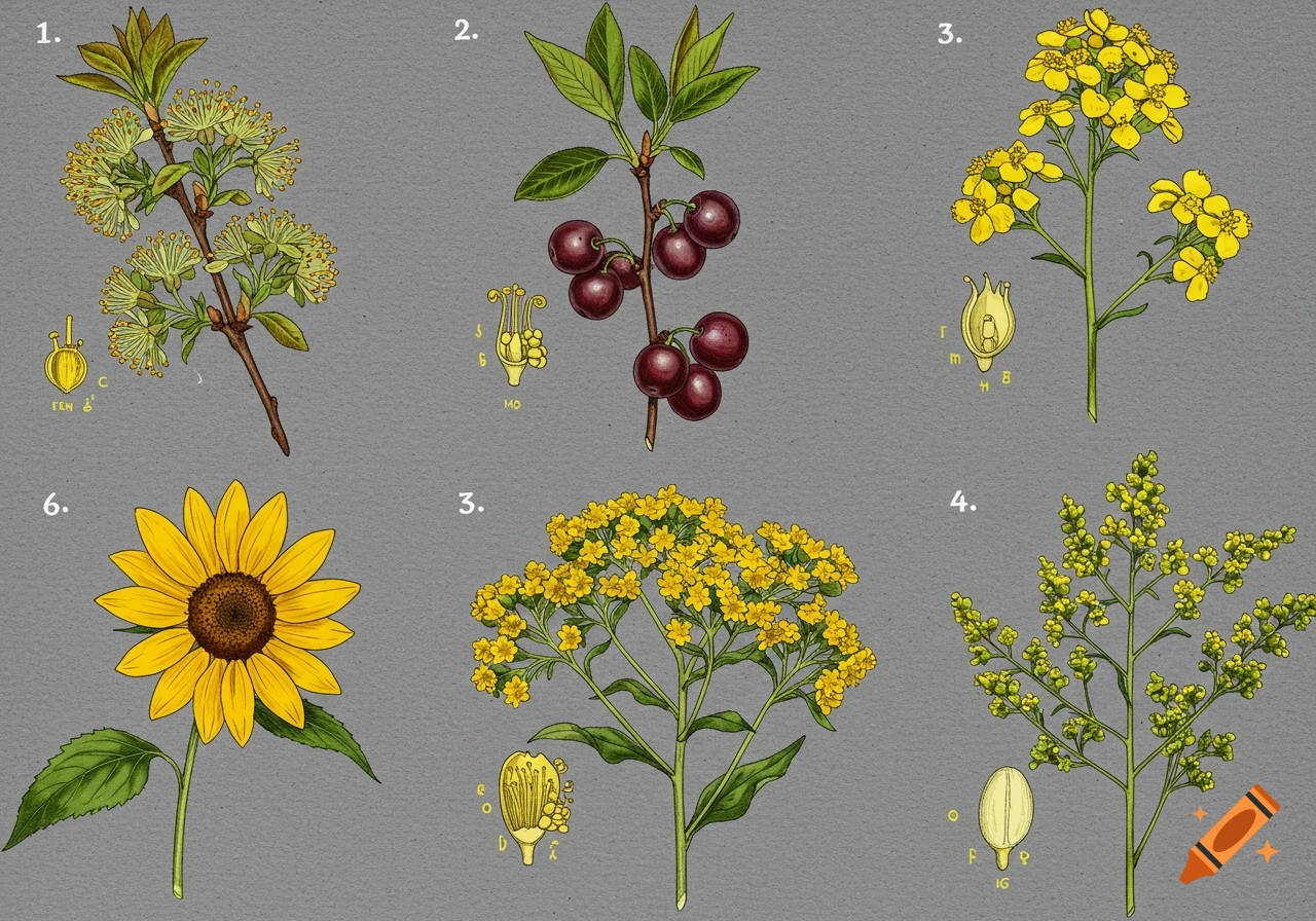 Multiple botanical illustrations of various plants, flowers, and fruits with details of plant parts on a grey background.