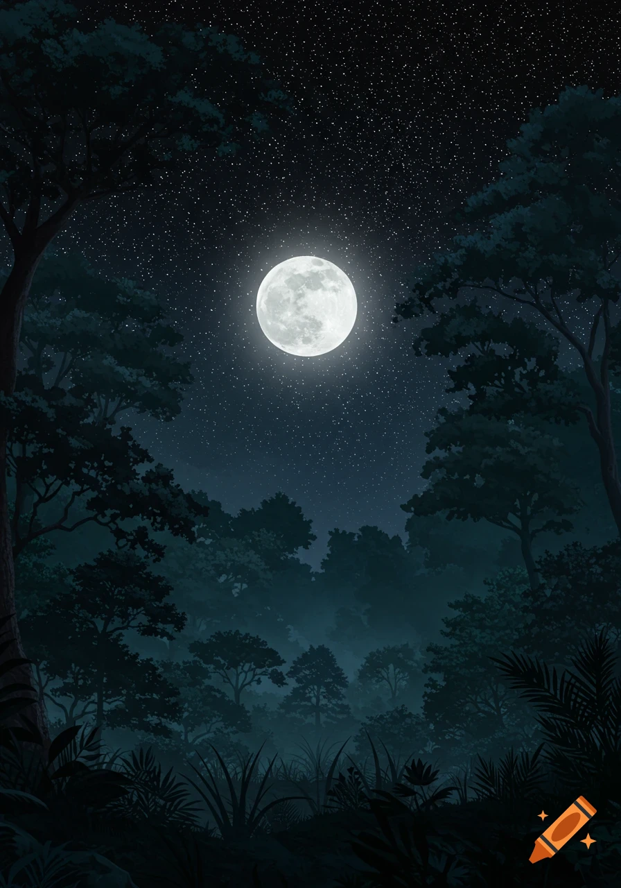 A forest at night with a bright full moon and stars visible through the trees.