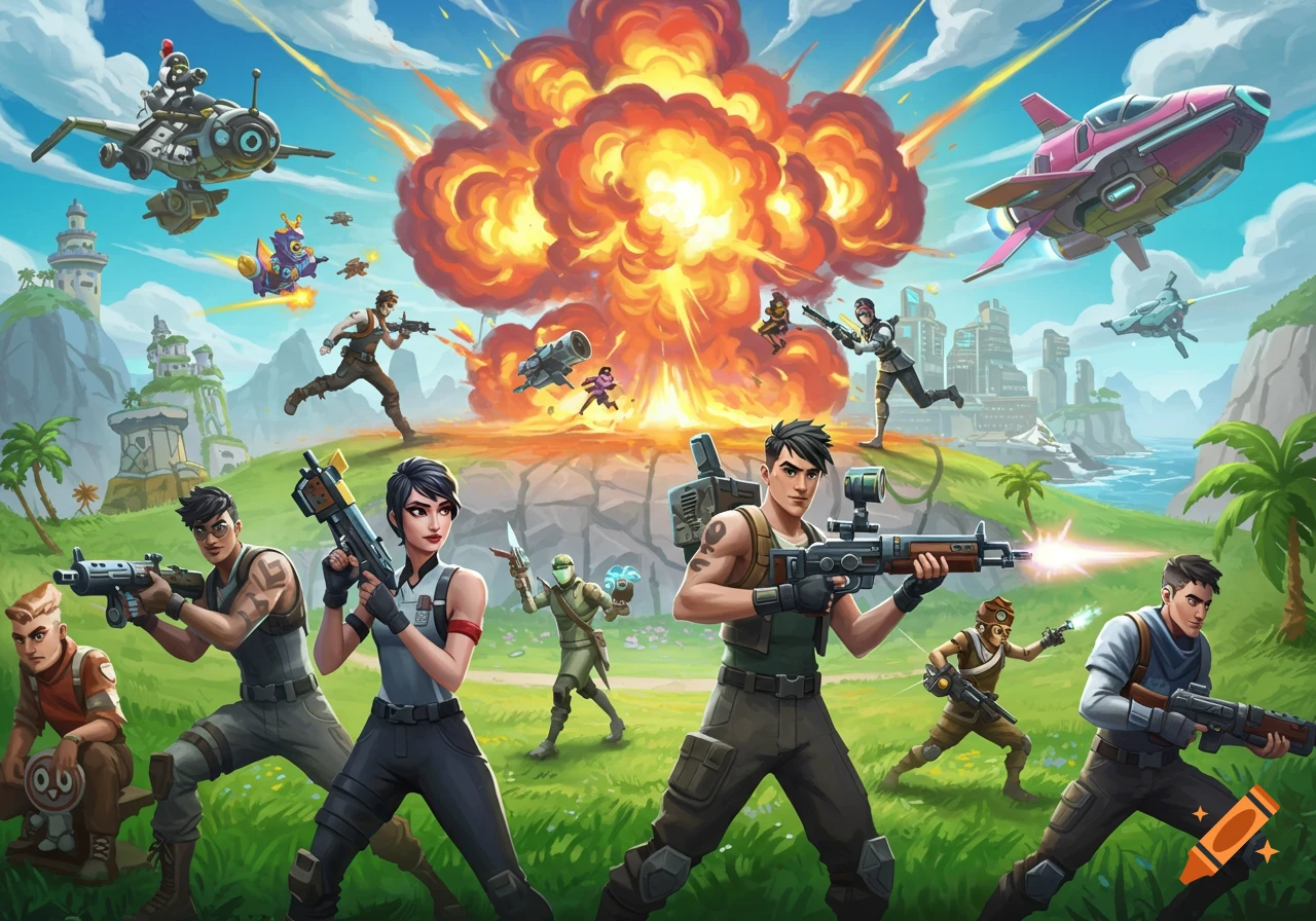 Fortnite-style battle scene with characters, vehicles, and a large explosion